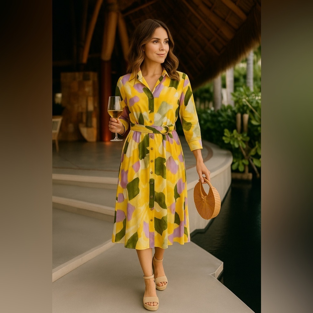 French Connection Yellow, Green & Lavender Midi Shirt Dress